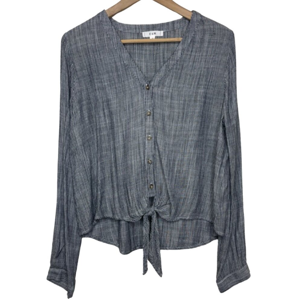 E & M | Women's Black and White Neutral Striped Button Front Top | Size L
